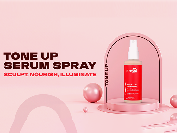 Clensta Tone Up Neck & Body Scrub Enriched With 3% Glycolic Acid & Hibiscus Petal Exfoliator A+ first mobile banner. Text reads tone up serum spray sculpt nourish illuminate.