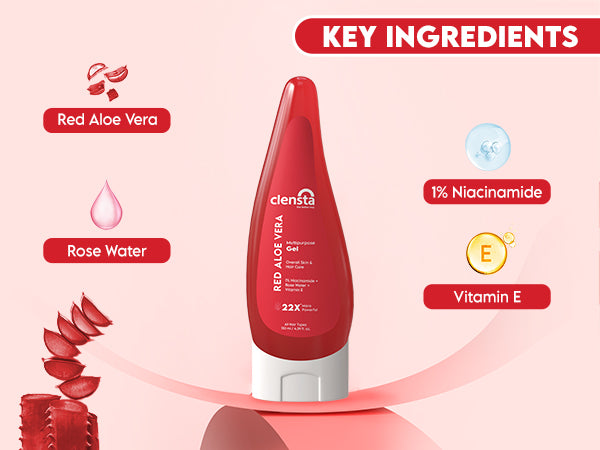 Clensta Red Aloe Vera Multipurpose Gel With 1% Niacinamide, Rose Water & Vitamin E A+ 2nd mobile banner of ingredients.