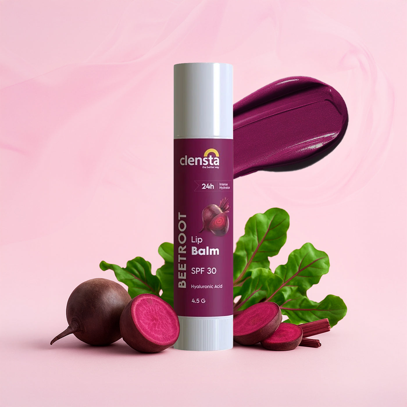 Clensta Beetroot Lip Balm with SPF 30 and Hyaluronic Acid for hydrated tinted lips