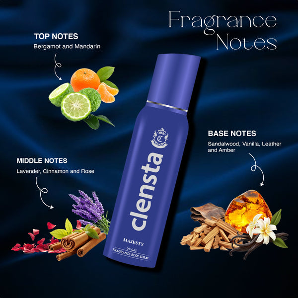 Clensta 0% No Gas Deodorant Combo for Men (Duke, Majesty, Noble, Emperor) 150ml Each | Long Lasting Body Spray | No Gas | Pack of 4