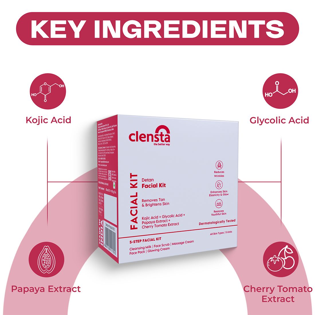 Detan Facial Kit With Kojic Acid, Glycolic Acid, Papaya Extract and Cherry Tomato Extract To Reduce Sun Tan