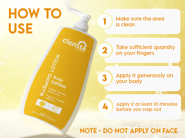 Clensta Warming Body Lotion With Ginger Oil, Shea Butter, and Peptides, A+ 4th mobile A+ banner of how to use?