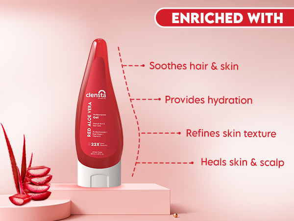 Clensta Red Aloe Vera Multipurpose Gel With 1% Niacinamide, Rose Water & Vitamin E A+ 3rd mobile banner of benefits.