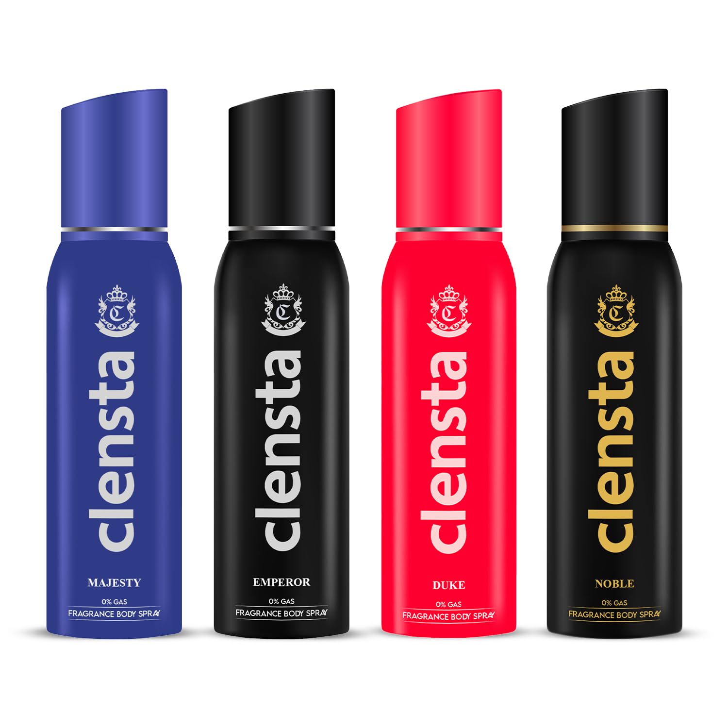 Clensta 0% No Gas Deodorant Combo for Men (Duke, Majesty, Noble, Emperor) 150ml Each | Long Lasting Body Spray (Pack of 4)