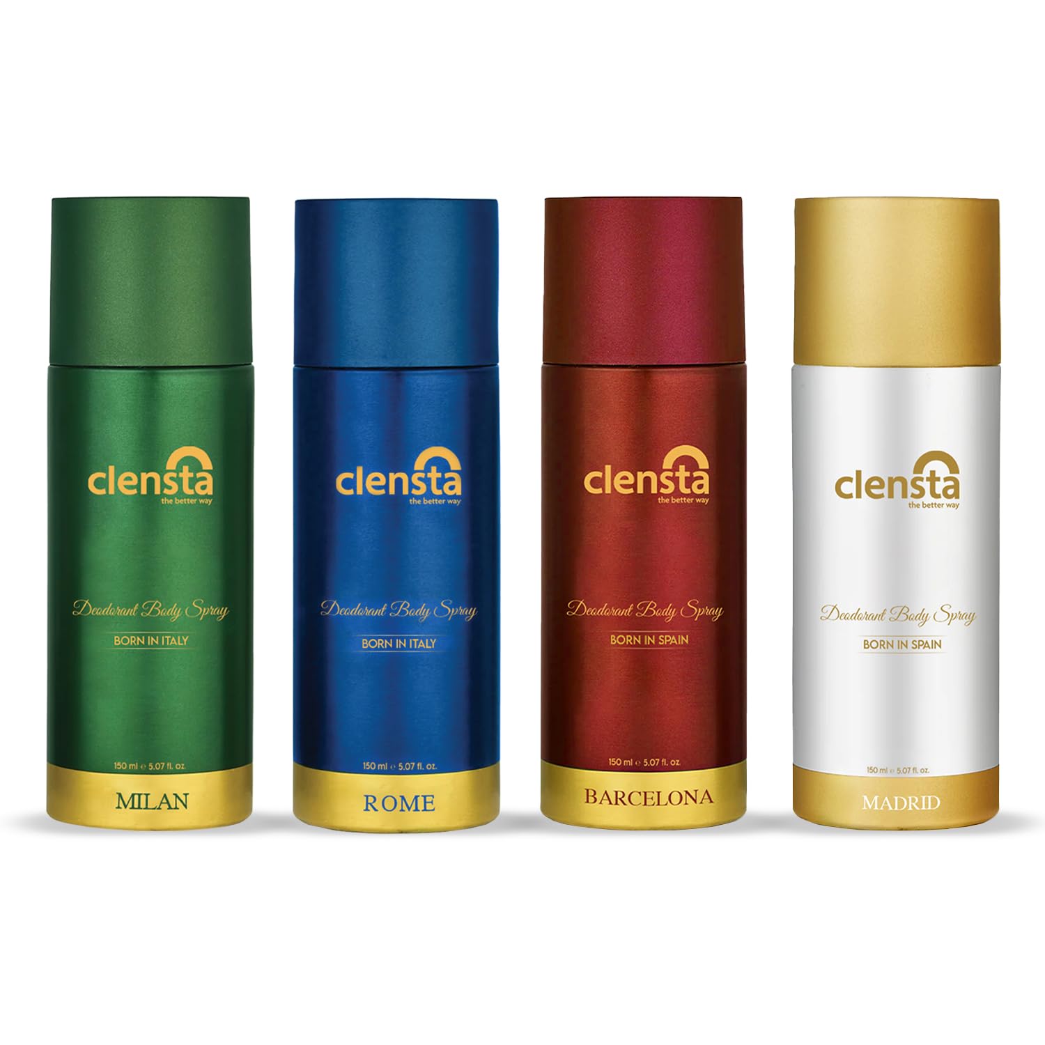 Clensta Deodorant for Men Combo Pack of 4 Body Spray 150ml x 4 | Long Lasting | Gift for Men Boyfriend Husband (Milan, Rome, Barcelona, Madrid)
