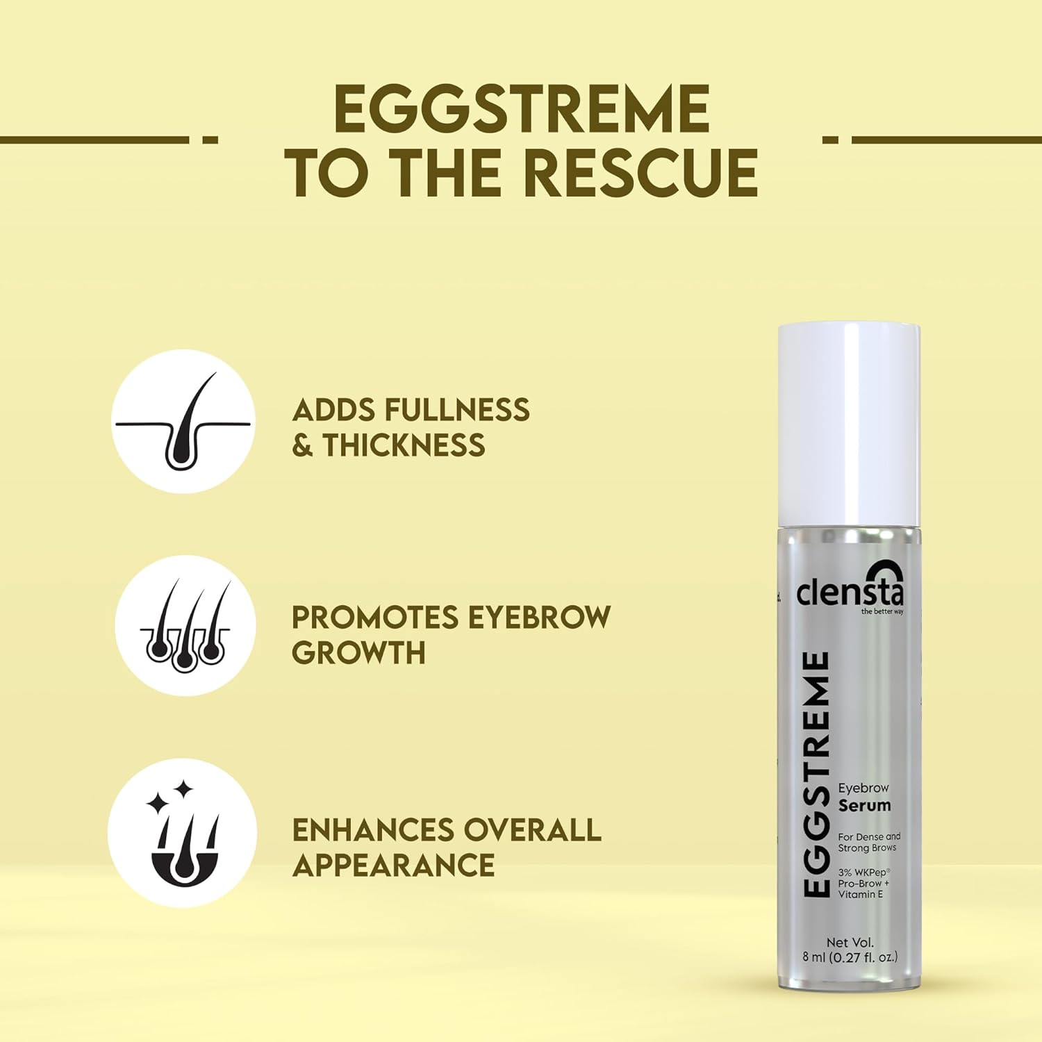 Clensta Eggstreme Eyebrow Growth Serum Roll on For Enhancer Thick Eyebrows With Egg Protein, Vitamin E, and Almond Oil for Women , Sulphate & Paraben Free 8 ml
