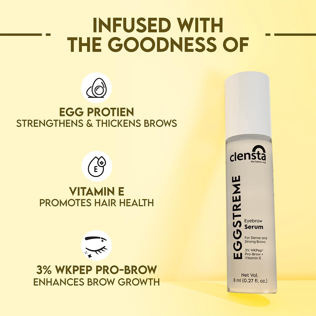 Clensta Eggstreme Eyebrow Growth Serum Roll on For Enhancer Thick Eyebrows With Egg Protein, Vitamin E, and Almond Oil for Women , Sulphate & Paraben Free 8 ml