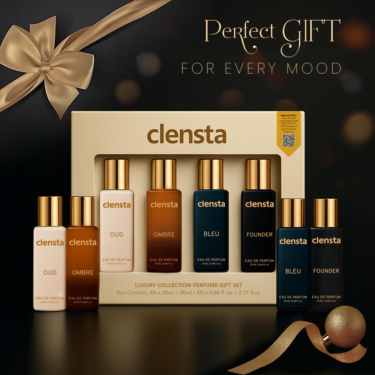 Clensta Luxury Eau De Parfum Combo Pack of 4 x 20ml EDP Perfume for Man Long Lasting | Perfume Gift Set for Men Boyfriend Husband | Bleu, Founder, Ombre, Oud