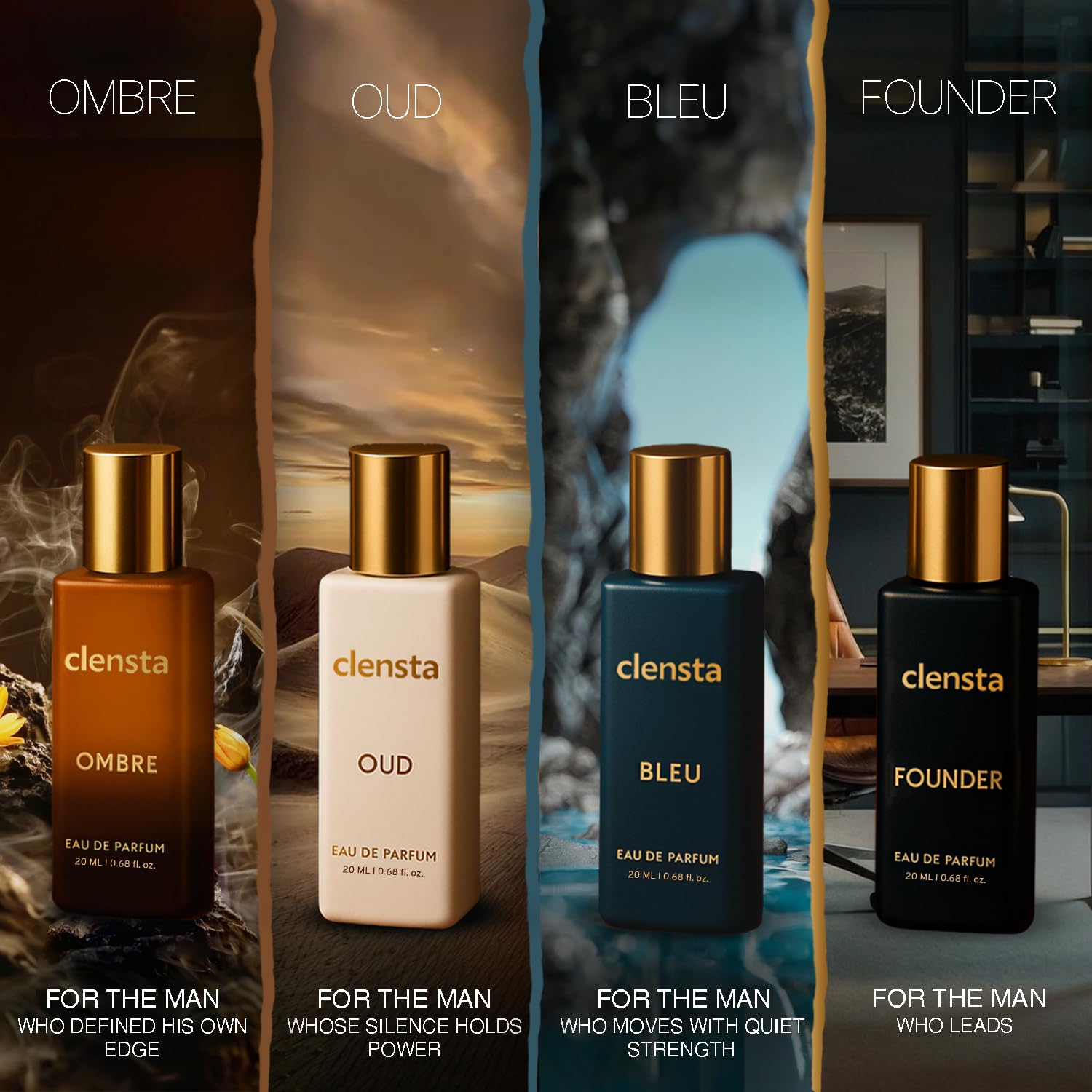 Clensta Luxury Eau De Parfum Combo Pack of 4 x 20ml EDP Perfume for Man Long Lasting | Perfume Gift Set for Men Boyfriend Husband | Bleu, Founder, Ombre, Oud