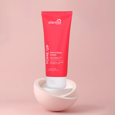 Clensta Tone Up Neck & Body Cream Enriched With 0.4% Retinol + 1% Collagen + 2% Hyaluronic Acid front image.