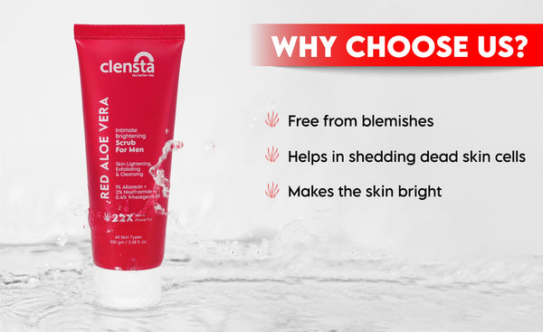 Clensta Intimate Brightening Scrub For Men With 1% Allantoin, 2% Niacinamide & 0.4% Wheatgerm Oil A+ 2nd Mobile banner of benefits.