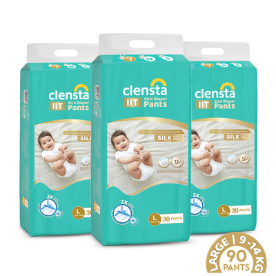 Three packs of Clensta IIT Silk diaper pants (size L, 9–14 kg, 30 pants each; total 90 pants) shown front-facing on a white background; packaging includes baby image and product badges. 1st image