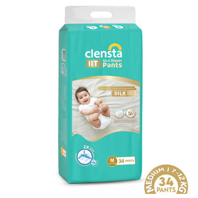 One pack of Clensta IIT Silk diaper pants (size M, 7–12 kg, 34 pants) shown front-facing on a white background with baby image and product badges. 7tht image.