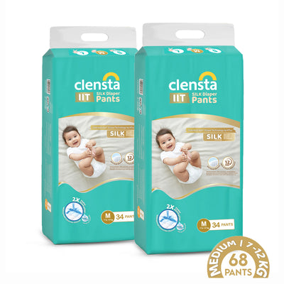 Two pack of Clensta IIT Silk diaper pants (size M, 7–12 kg, 34 pants each; total 68 pants) shown front-facing on a white background with baby image and product badges. 1st image.