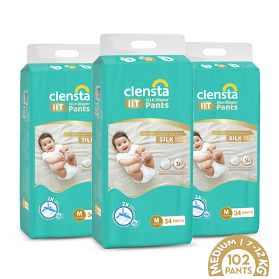 Three pack of Clensta IIT Silk diaper pants (size M, 7–12 kg, 34 pants each; total 102 pants) shown front-facing on a white background with baby image and product badges. 1st image.