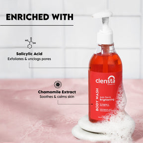 Clensta Anti-Tan & Brightening Body Wash With 0.5% Salicylic Acid & 0.2% Chamomile Extract, 3rd image of contains.