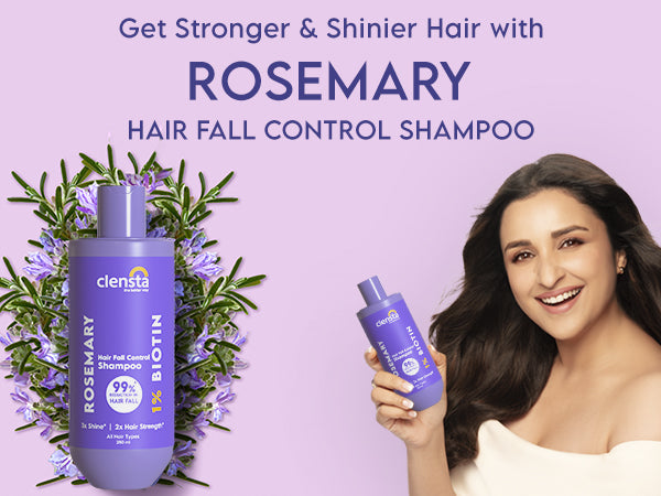 Clensta Rosemary Hair Fall Control Shampoo with 1% Biotin, A+ first mobile banner with parineeti chopra.