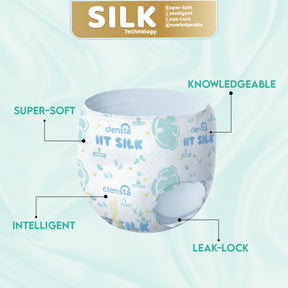 Diaper (IIT Silk) shown front-facing on a light background; labels point to features: "SUPER-SOFT," "INTELLIGENT," "LEAK-LOCK," and "KNOWLEDGEABLE." 2nd image