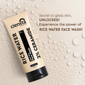 Clensta rice water glass skin face wash with 2% ceramide front image Text reads secret to glass skin, unlock experience the power of rice water face wash.