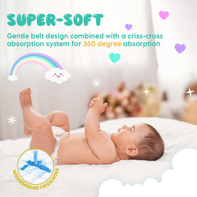 Baby lying on a white bed in a diaper; colorful graphics include "SUPER-SOFT" text, a smiling rainbow, hearts, and a circular inset showing a criss-cross absorbent layer. this is 5th image
