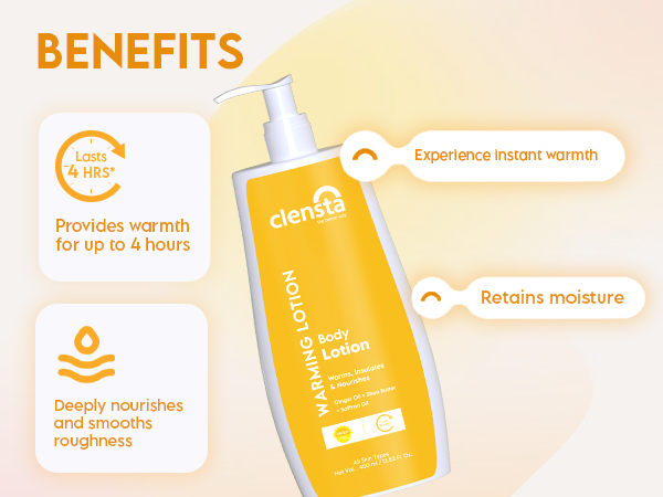 Clensta Warming Body Lotion With Ginger Oil, Shea Butter, and Peptides, A+ 3rd mobile A + banner of benefits.