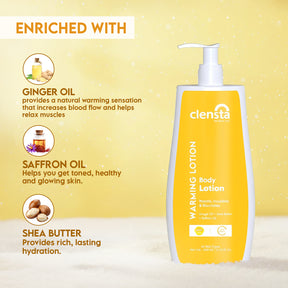 Clensta Warming Body Lotion With Ginger Oil, Shea Butter, and  Saffron Oil, 3rd image of ingredients.
