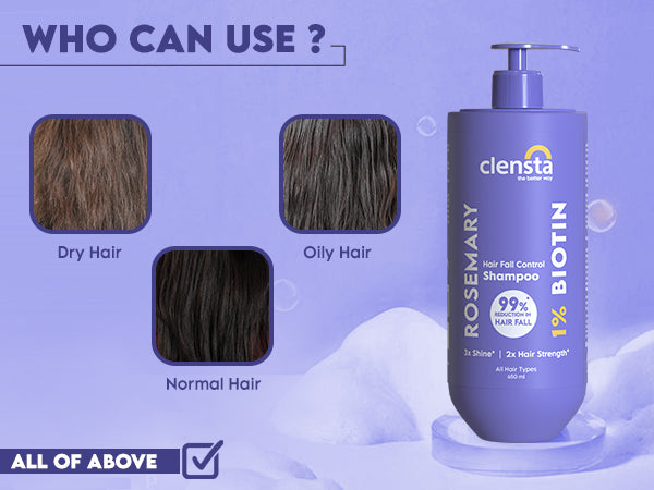 Clensta Rosemary Hair Fall Control Shampoo with Rosemary & Biotin for Reducing Hair Loss. A+ 3rd mobile banner of who can use.