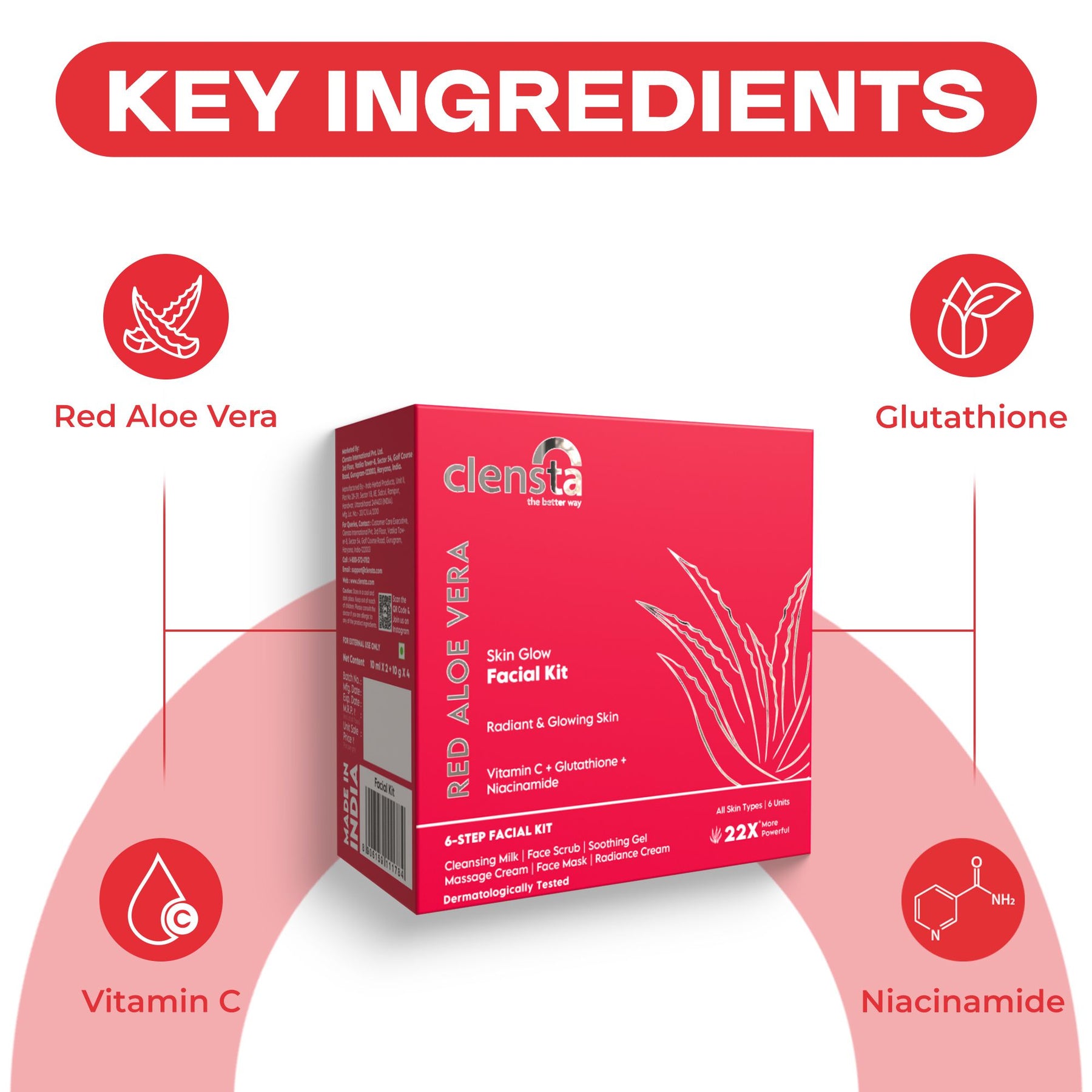 Skin Glow Facial Kit With Red Aloe Vera, Vitamin C, Glutathione & Niacinamide For Glowing Skin