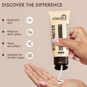 Clensta rice water glass skin face wash with 2% ceramide 2nd image of benefits Text reads brightens skin, reduce dark spots, glass skin effect, suitable for all skin types.