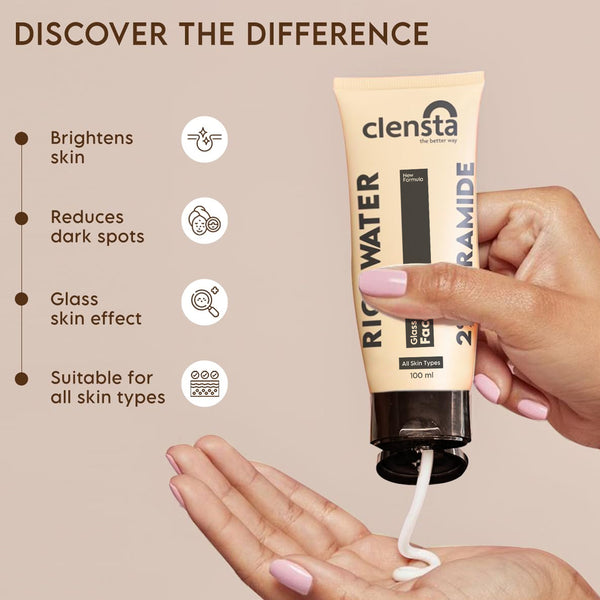 Clensta rice water glass skin face wash with 2% ceramide 2nd image of benefits Text reads brightens skin, reduce dark spots, glass skin effect, suitable for all skin types.