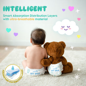 Baby sitting on a carpet wearing an IIT Silk diaper, back facing camera; colorful graphics include "INTELLIGENT" text, a smiling cloud, hearts, and a circular inset showing an absorption distribution layer. 4th image