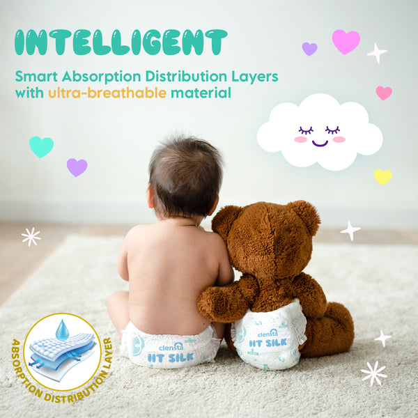 Baby sitting on a carpet wearing an IIT Silk diaper, back facing camera; colorful graphics include "INTELLIGENT" text, a smiling cloud, hearts, and a circular inset showing an absorption distribution layer. 4th image