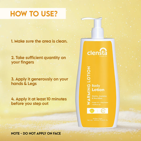 Clensta Warming Body Lotion With Ginger Oil, Shea Butter, and  Saffron Oil, 4th image of how to use.
