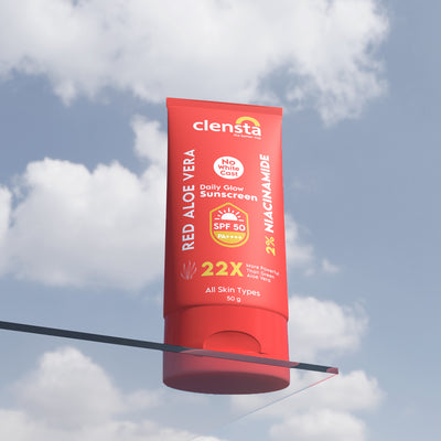 Clensta Red Aloe Vera Daily Glow Sunscreen With 2% Niacinamide and SPF 50 PA++++, front image.