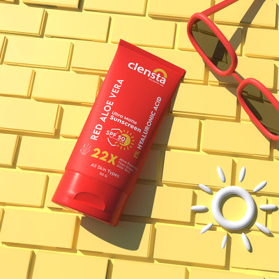  Clensta Red Aloe Vera Ultra Matte Sunscreen with 1% Hyaluronic Acid and SPF 50 PA++++ UVA/UVB front image.