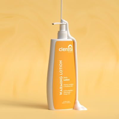 Clensta Warming Body Lotion With Ginger Oil, Shea Butter, and Peptides front image.