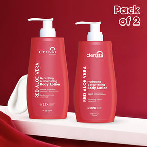 Clensta Red Aloe Vera Hydrating & Nourishing Body Lotion With Hyaluronic Acid & Vitamin E for Skin Hydration & Nourishment - Pack of 2 front image. 