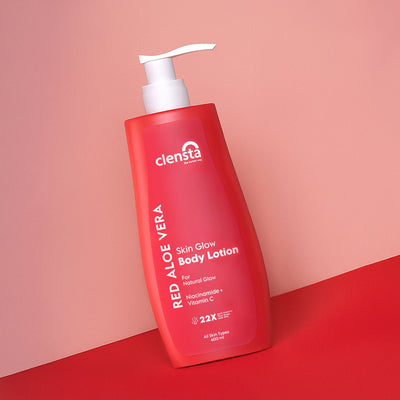 Clensta Red Aloe Vera Skin Glow Body Lotion With 2% Niacinamide & Vitamin C front image.