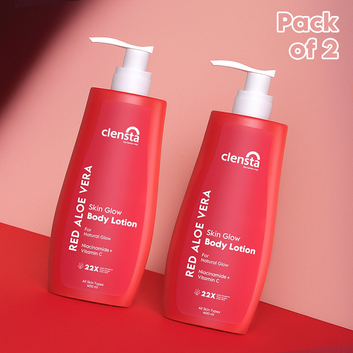 Clensta Red Aloe Vera Skin Glow Body Lotion with 2% Niacinamide and Vitamin C – Pack of 2