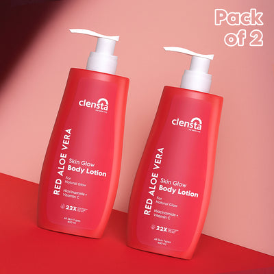 Clensta Red Aloe Vera Skin Glow Body Lotion Enriched With 2% Niacinamide & Vitamin C (Pack of 2) front image.