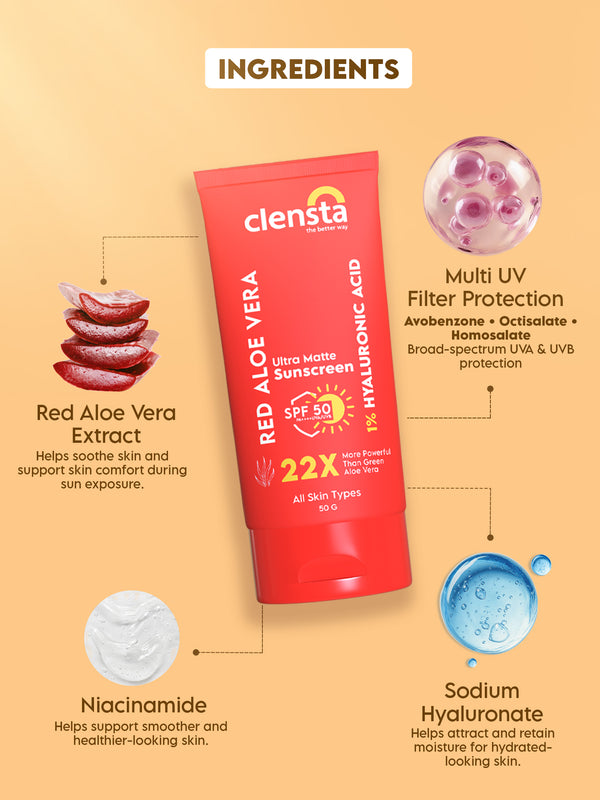 Red Aloe Vera Ultra Matte Sunscreen with 1% Hyaluronic Acid and SPF 50 PA++++ UVA/UVB