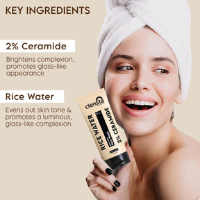 Clensta rice water glass skin face wash with 2% ceramide  3rd image of ingredeinst. Text reads 2% ceramide, rice water.