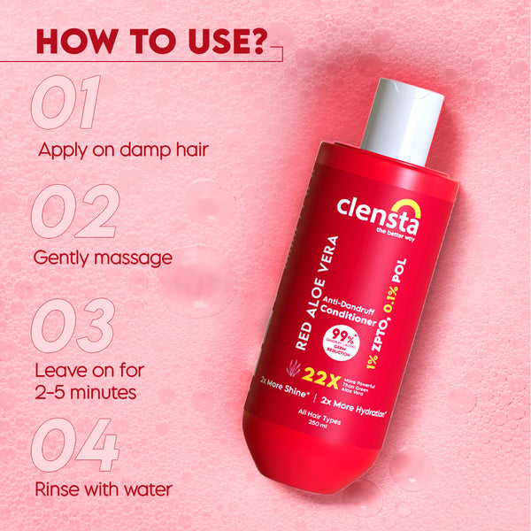 Clensta Red Aloe Vera Anti-Dandruff Conditioner With 1% ZPTO & 0.1% POL 5th image of how to use. 