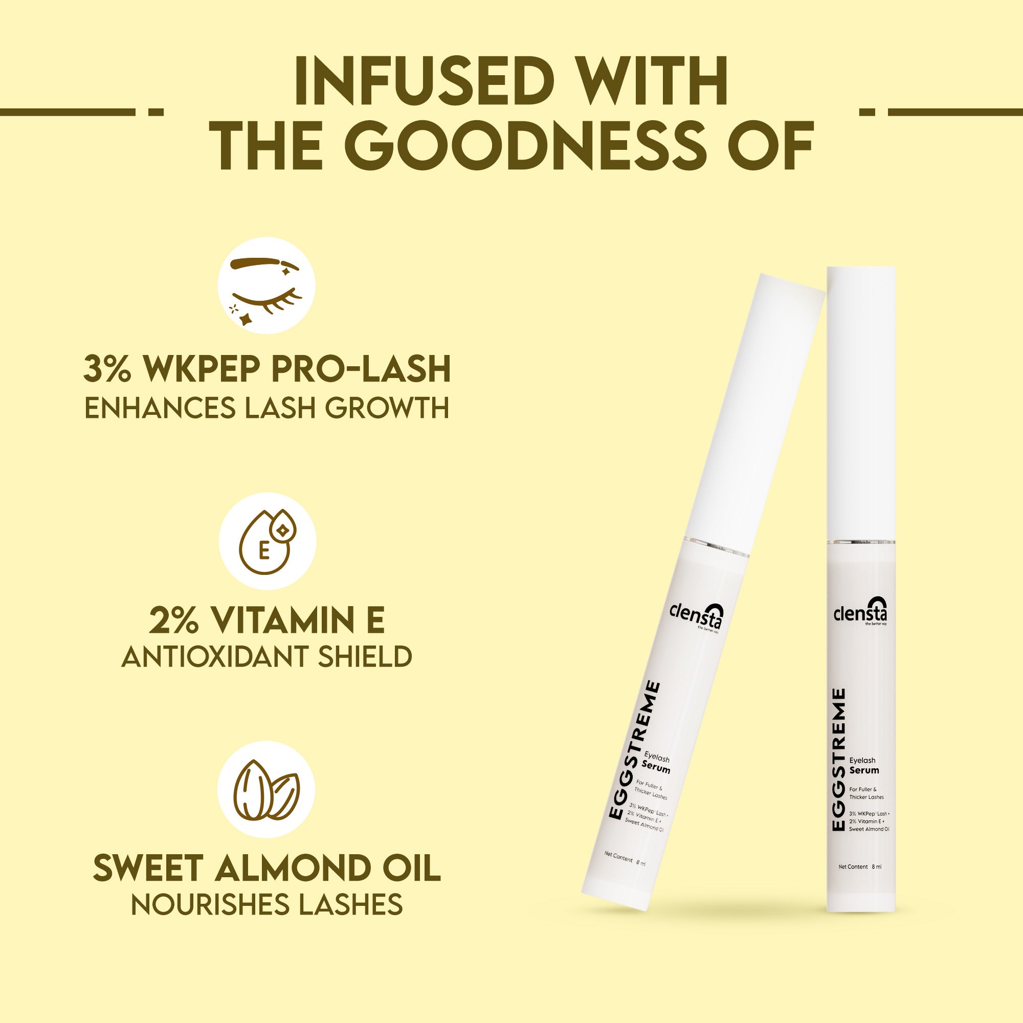 Eggstreme Eyelash Serum 8ml  With 3% WKPep Lash, 2% Vitamin E, Sweet Almond Oil & Egg Protein Extract for Fuller & Thicker Lashes