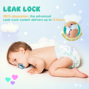 Baby crawling on a pale background wearing an IIT Silk diaper with a pacifier; colorful graphics include "LEAK LOCK" text, clouds and hearts, and a circular inset showing leak protection. 3rd image
