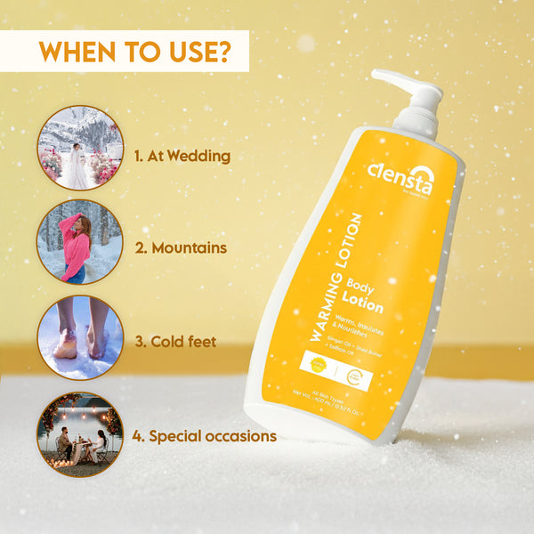 Clensta Warming Body Lotion With Ginger Oil, Shea Butter, and  Saffron Oil, 5th image of when to use?. Text reads At wedding, Mountains, Cold feet and special occasions.