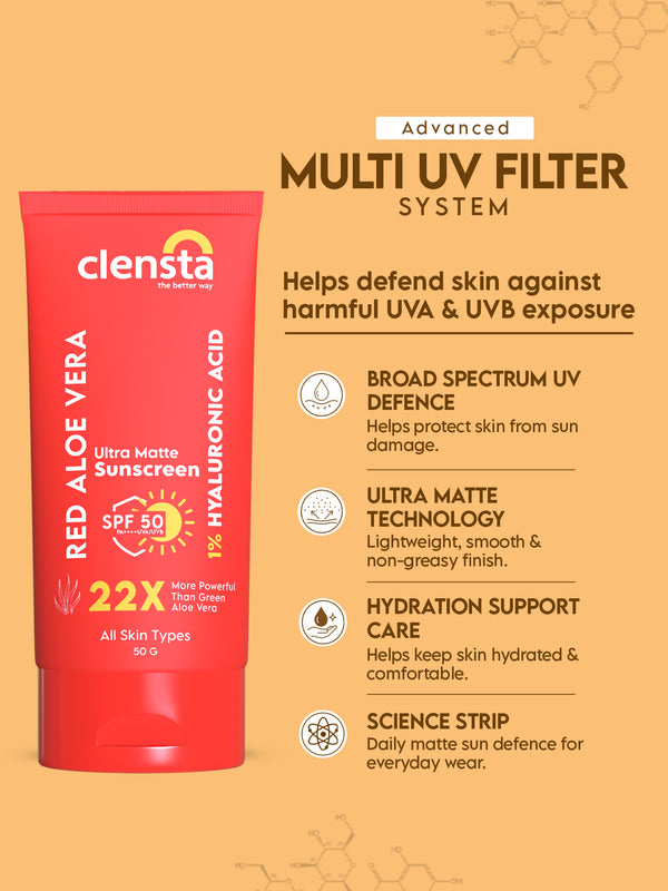 Red Aloe Vera Ultra Matte Sunscreen with 1% Hyaluronic Acid and SPF 50 PA++++ UVA/UVB