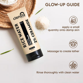 Clensta rice water glass skin face wash with 2% ceramide 4th image of  how to use. Text reads apply a small quantity n to damp skin, massage to create lather, rinse thoroughly with clean water.