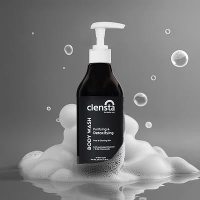 Clensta Purifying & Detoxifying Body Wash With 0.4% Activated Charcoal & 0.3% Chamomile Extract front image.