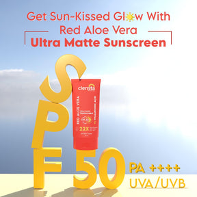 Clensta Red Aloe Vera Ultra Matte Sunscreen with 1% Hyaluronic Acid and SPF 50 PA++++ UVA/UVB 2nd image.